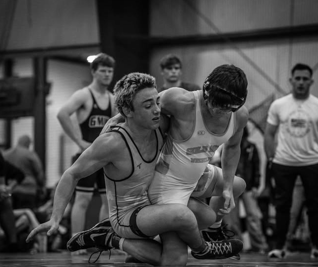 Intense ground wrestling - black and white
