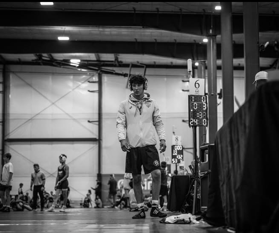 Wrestler portrait in tournament venue - black and white