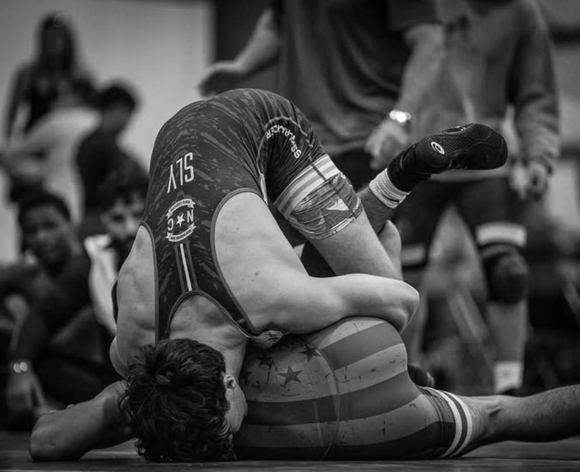 Wrestling technique execution - black and white